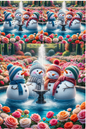 Wall Art Poster / Greeting Card / Sticker Sheet – Snowmen In Fountain Collage Cat. No. 403