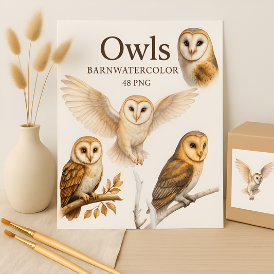 Watercolor Barn Owls Clipart Set: 48 PNG Designs with Transparent Background (Digital Download)