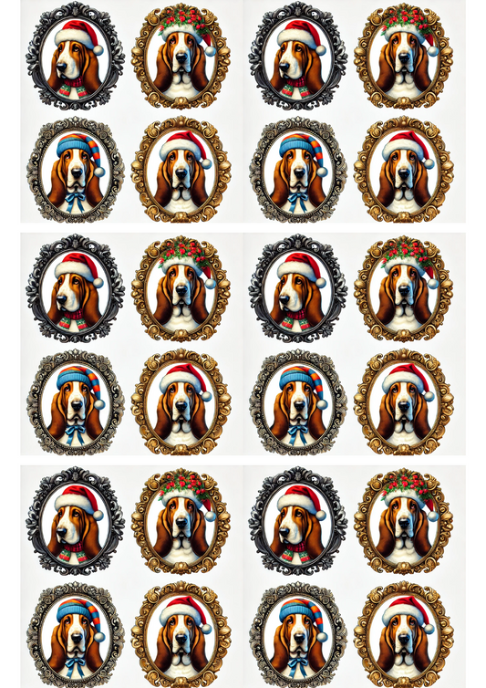 Sticker Sheet – Basset Hound In Christmas Hat Collage Cat. No. 2949