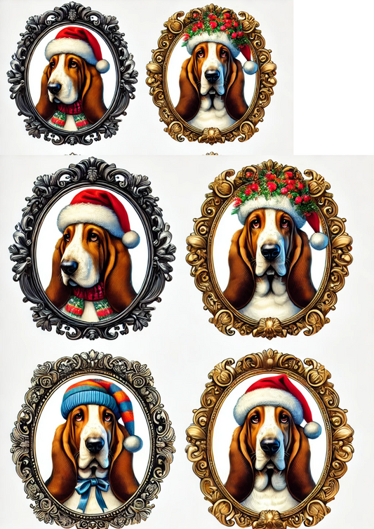 Sticker Sheet – Basset Hound In Christmas Hat Full Cat. No. 2950