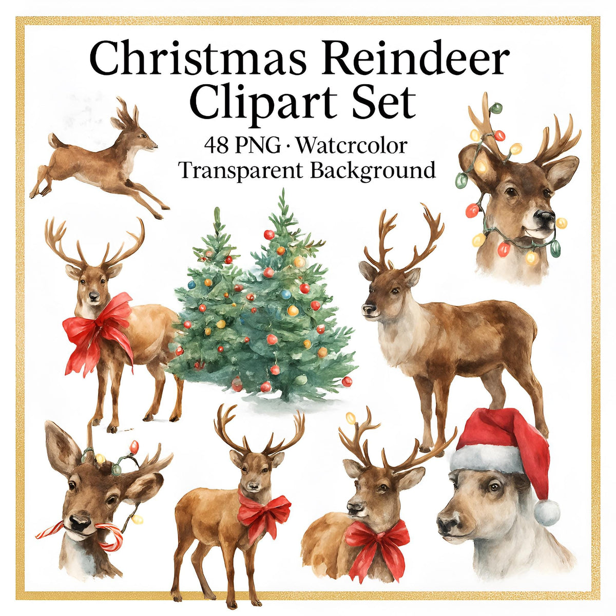 Stickerbogen – Aquarell Weihnachts-Rentier-Clipart-Set: 48 PNG-Designs