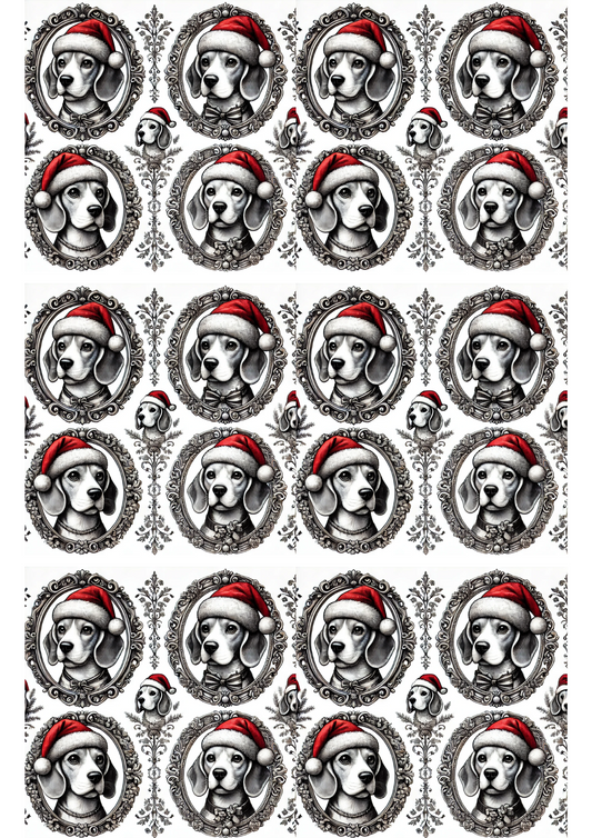 Sticker Sheet – Beagle Dog Wearing Christmas Hat In Ovals Collage Cat. No. 2951