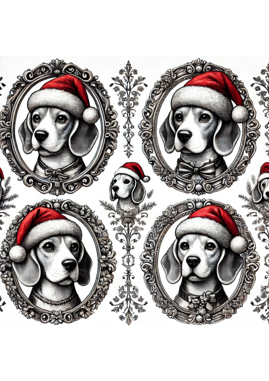 Sticker Sheet – Beagle Dog Wearing Christmas Hat In Ovals Full Cat. No. 2952