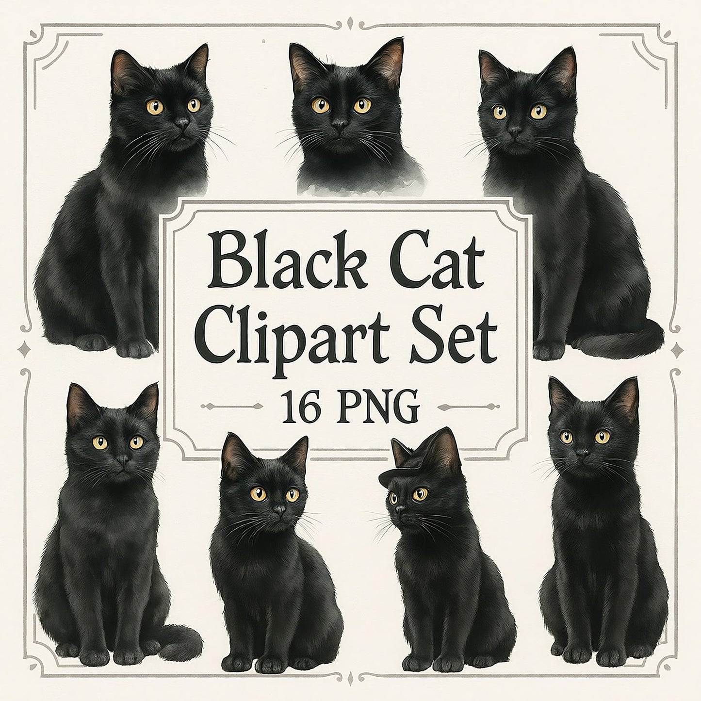 Watercolor Black Cat Clipart Set: Halloween Graphics (16 PNG)