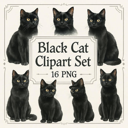 Watercolor Black Cat Clipart Set: Halloween Graphics (16 PNG)