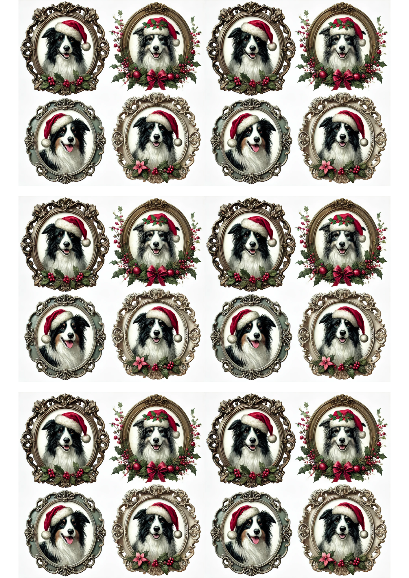 Sticker Sheet – Border Collie in Christmas Hat In Ovals Collage Cat. No. 2953