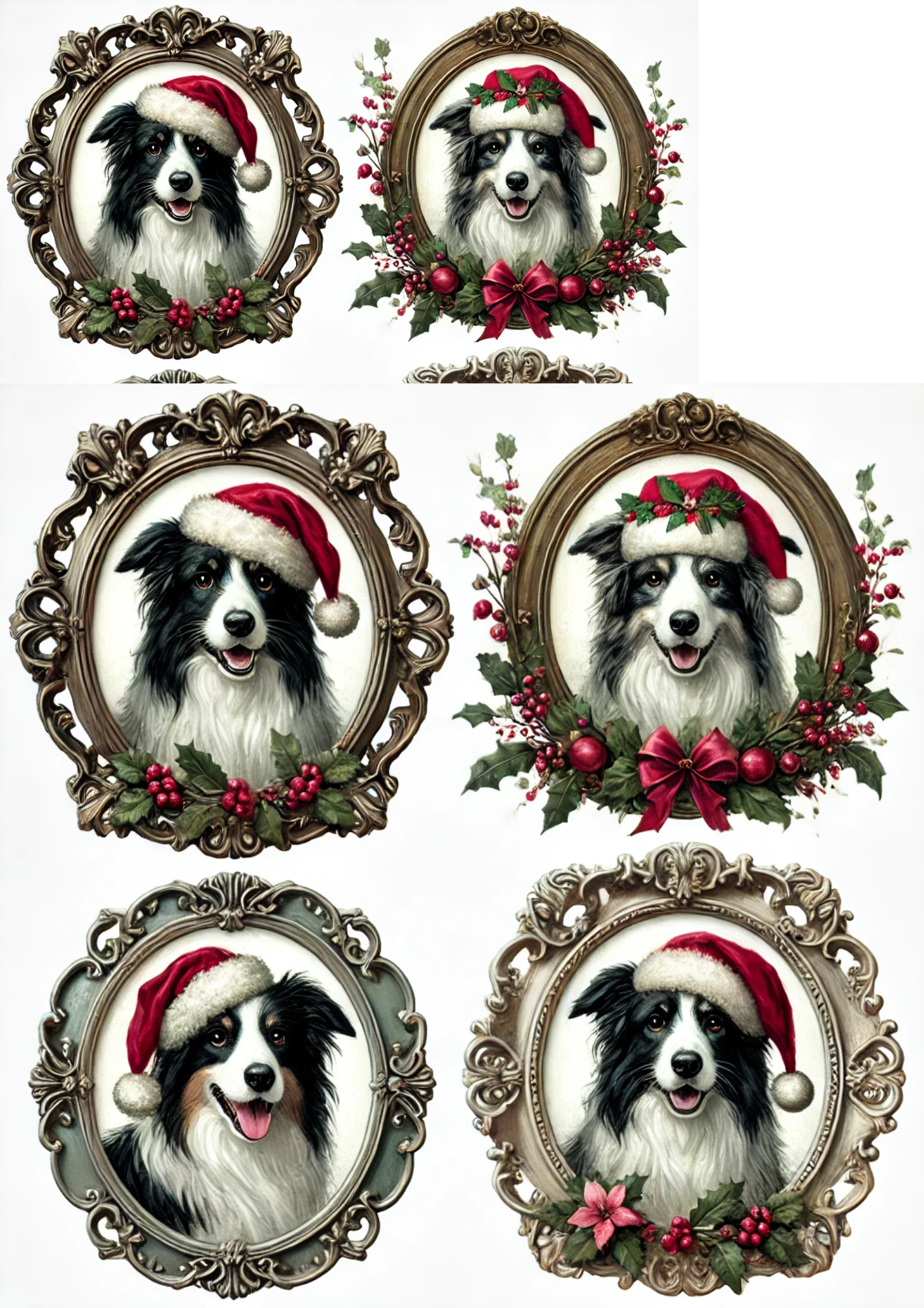 Sticker Sheet – Border Collie in Christmas Hat In Ovals Full Cat. No. 2954