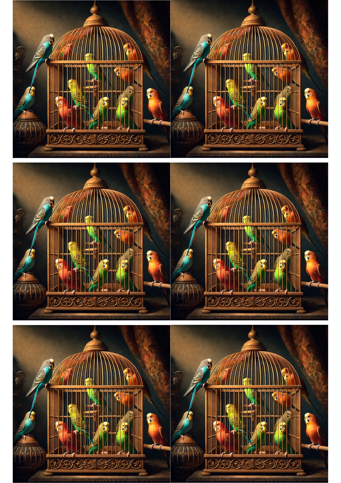 Sticker Sheet Budgerigars In A Cage Collage Cat. No. 1854
