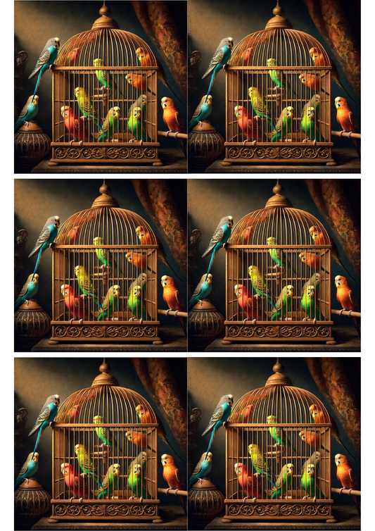 Sticker Sheet Budgerigars In A Cage Collage Cat. No. 1854