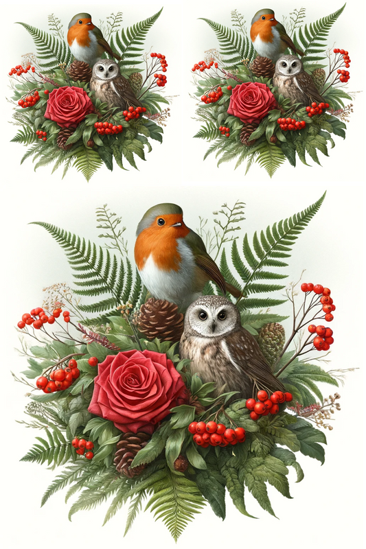 Sticker Sheet – Winter Bouquet Robin And Owl Barn Owl Collage Cat. No. 449