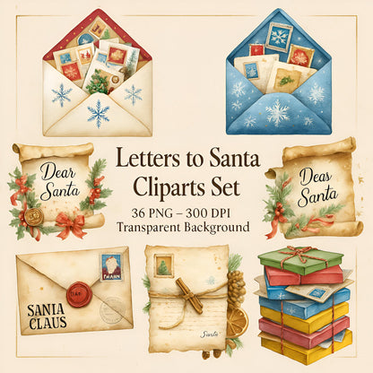 Watercolor Letters to Santa Clipart: 36 PNG Christmas Mail & Holiday Lettering (Digital Download)
