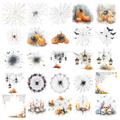 Halloween Cobweb Clipart Set – 25 PNG – Transparent – Watercolor Style – High Resolution 300 DPI