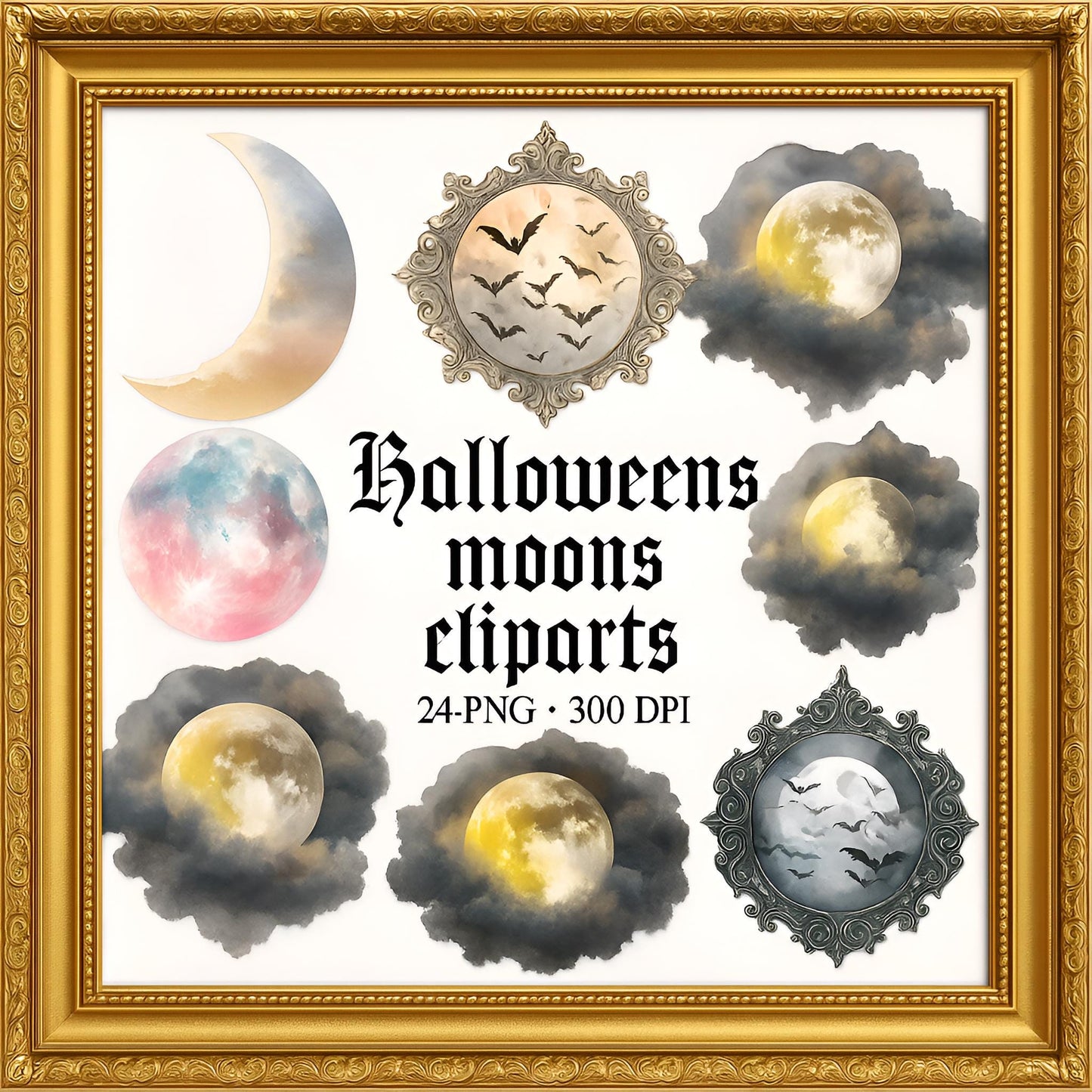Halloween Moon Clipart – 24 PNG – Transparent – Watercolor Style – High Resolution – 300 DPI