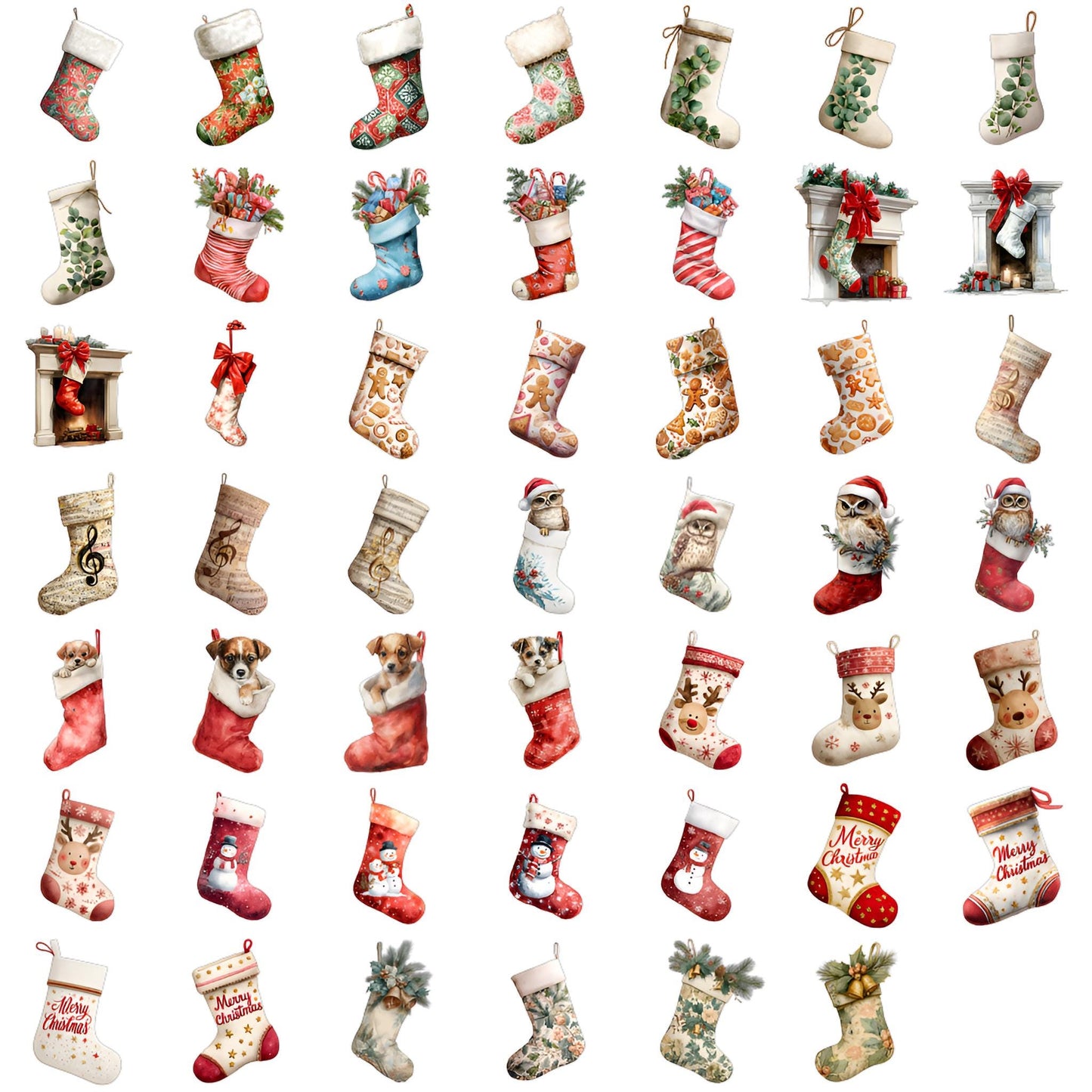 Watercolor Christmas Stockings Clipart Set: 48 PNG Designs with Transparent Background