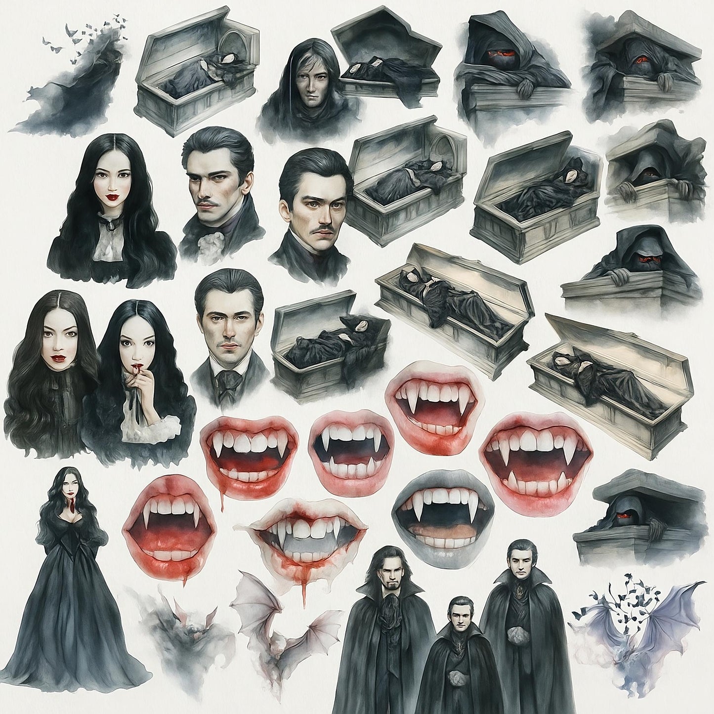Watercolor Vampire Clipart Bundle: 30 PNG, Halloween Graphics (4096x4096 px, 300 DPI)