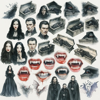Watercolor Vampire Clipart Bundle: 30 PNG, Halloween Graphics (4096x4096 px, 300 DPI)