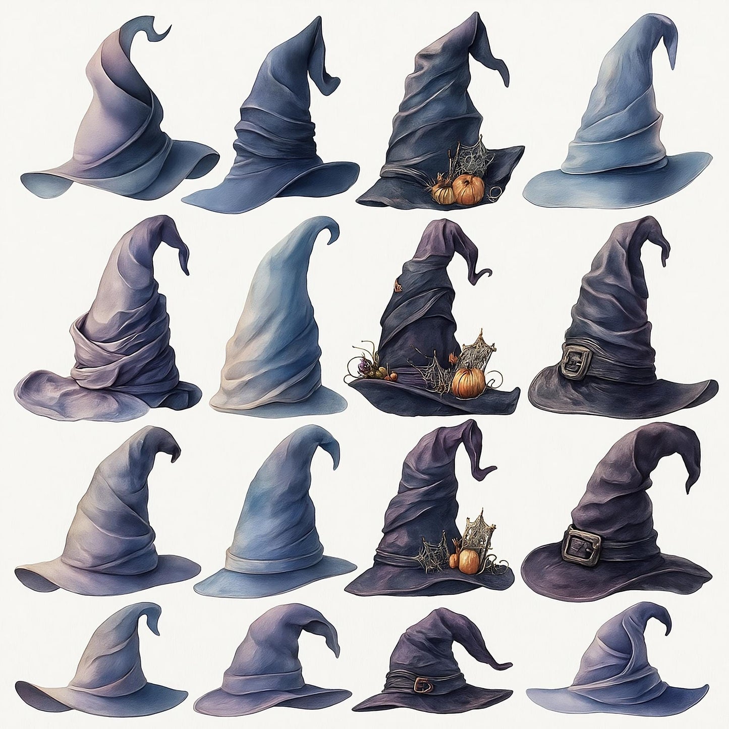 Witch Hat Clipart Set – 16 PNG – Halloween Hats – Transparent Background – Watercolor Style – High Resolution