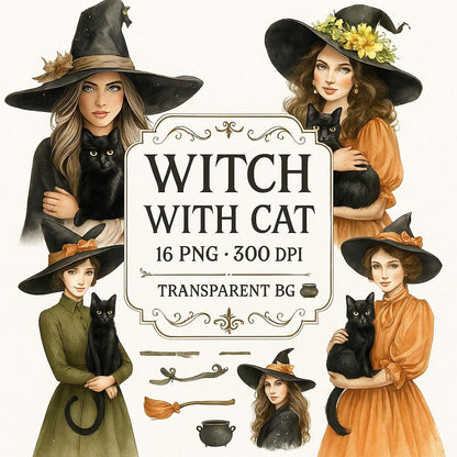 Witch and Cat Watercolor Clipart Set: Halloween PNG Files (Digital Download)