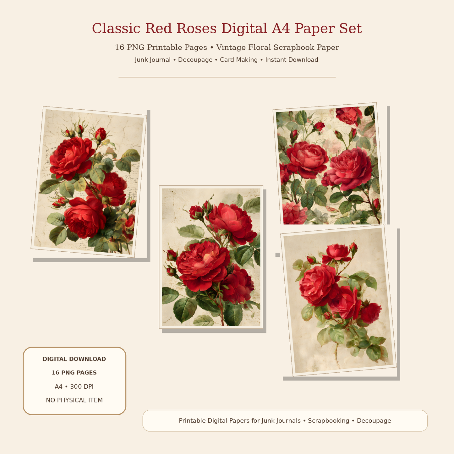 Romantic Red Roses Printable Design Sheets – 16 A4 Digital Pages(Instant Download)