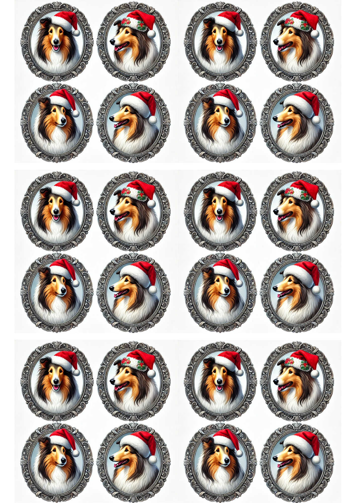 Sticker Sheet – Collies In Christmas Hats In Ovals Collage Cat. No. 2971