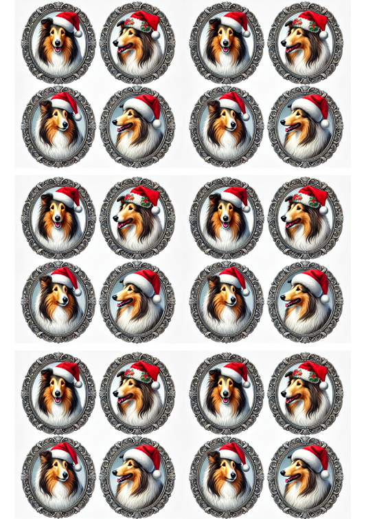 Sticker Sheet – Collies In Christmas Hats In Ovals Collage Cat. No. 2971