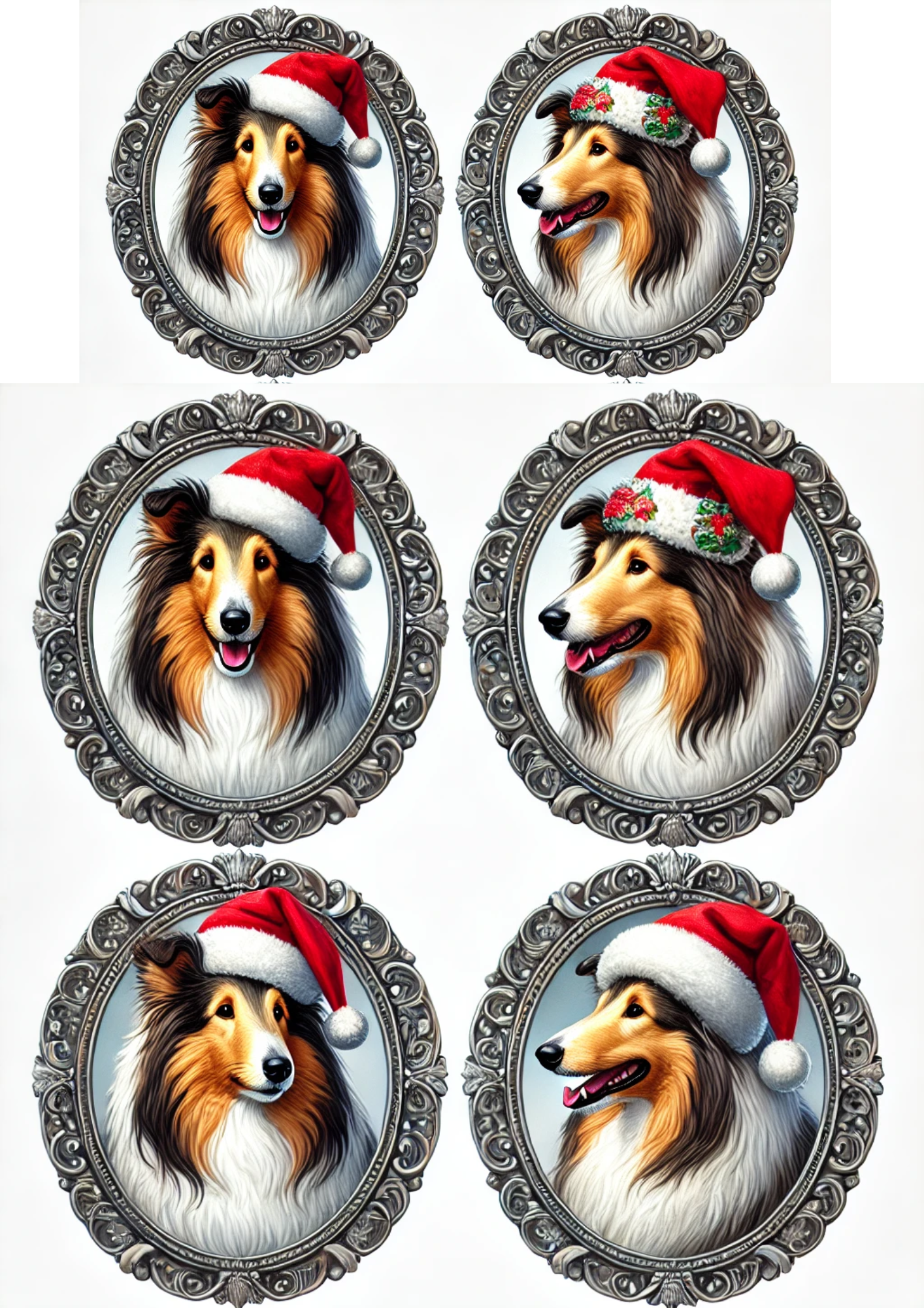 Sticker Sheet – Collies In Christmas Hats In Ovals Full Cat. No. 2972