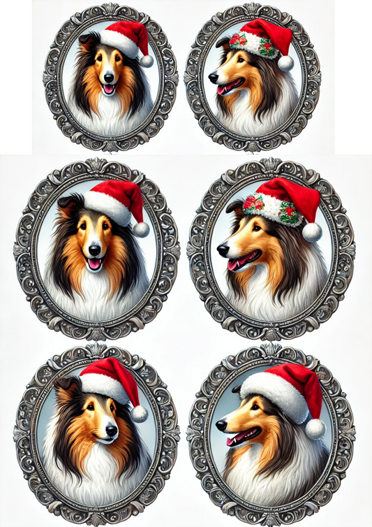 Sticker Sheet – Collies In Christmas Hats In Ovals Full Cat. No. 2972