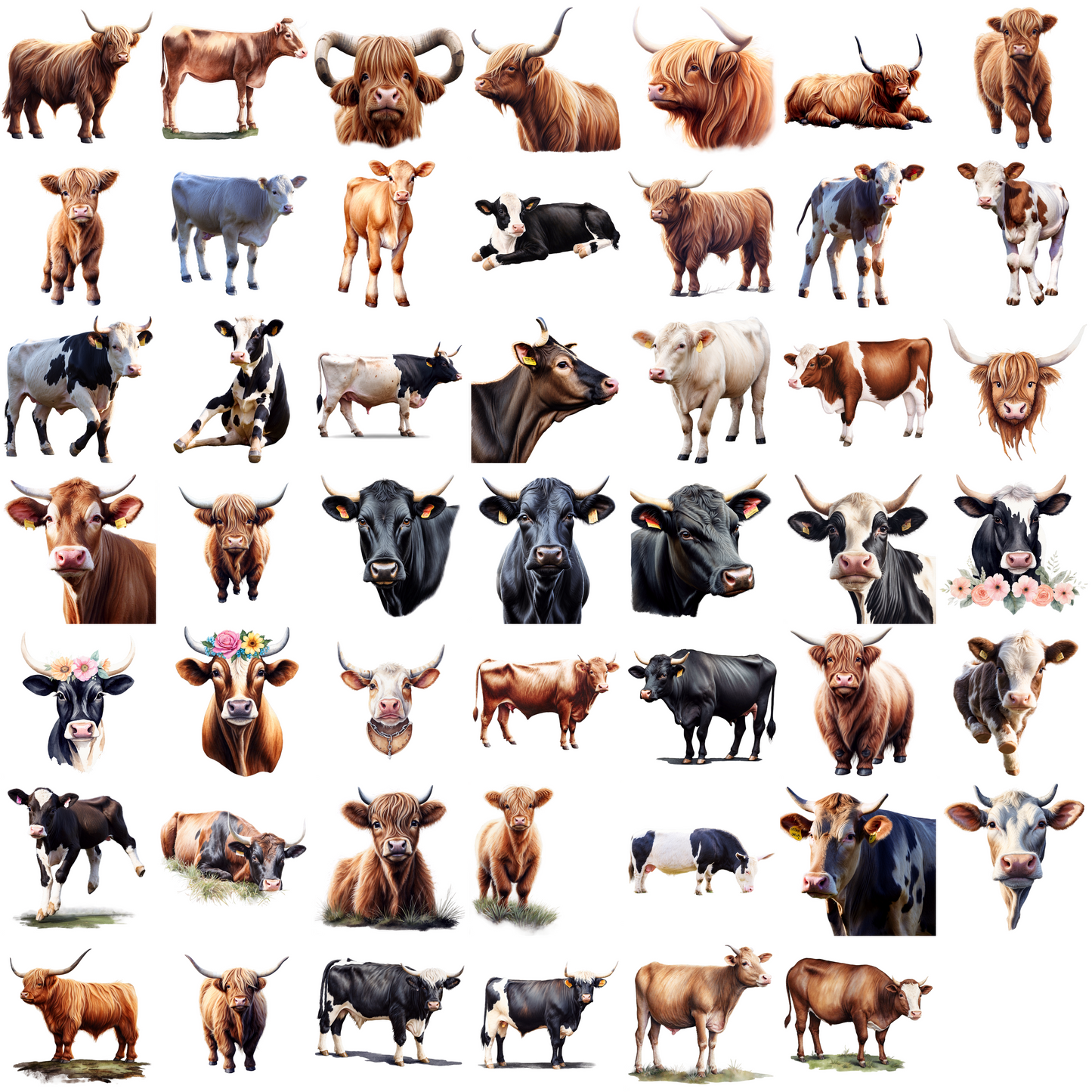 Watercolor Cows Clipart Set – 48 PNG Designs with Transparent Background (Digital Download)