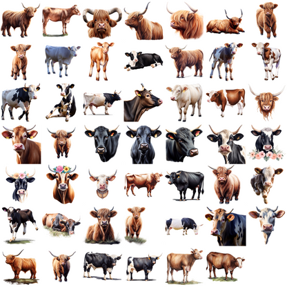 Watercolor Cows Clipart Set – 48 PNG Designs with Transparent Background (Digital Download)