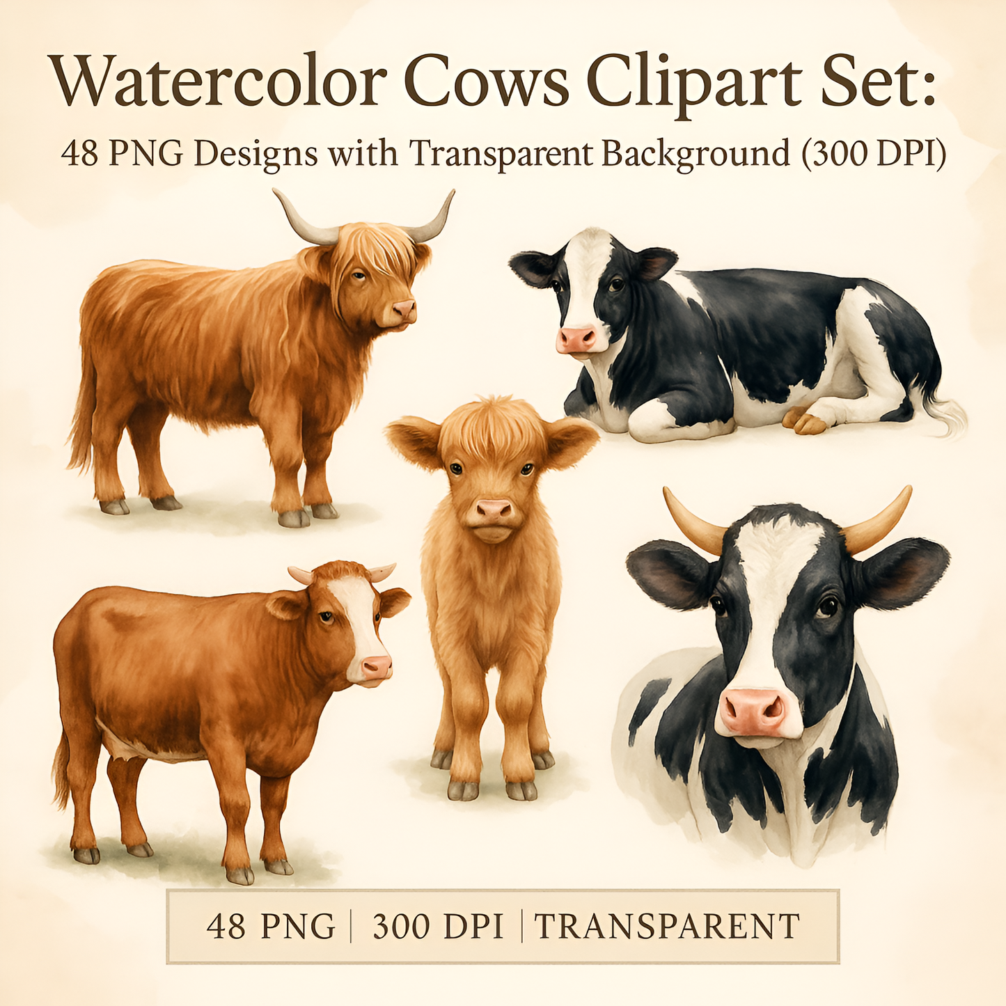 Watercolor Cows Clipart Set – 48 PNG Designs with Transparent Background (Digital Download)