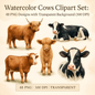 Watercolor Cows Clipart Set – 48 PNG Designs with Transparent Background (Digital Download)