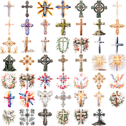 Watercolor Christian Crosses Clipart Set: 48 PNG Designs with Transparent Background (Digital Download)