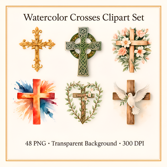 Watercolor Christian Crosses Clipart Set: 48 PNG Designs with Transparent Background (Digital Download)