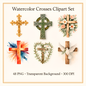 Watercolor Christian Crosses Clipart Set: 48 PNG Designs with Transparent Background (Digital Download)