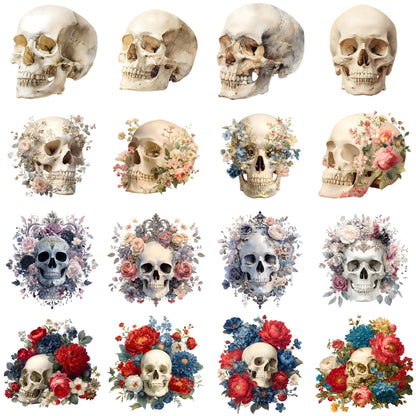 Skull Clipart Set – 16 PNG – Transparent Background – Watercolor Halloween Graphics – High Resolution 300 DPI