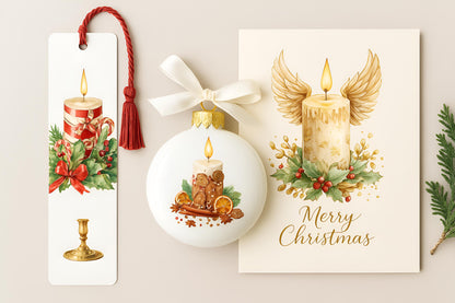 Watercolor Christmas Candles Clipart Set: 36 Holiday PNG Illustrations (Digital Download