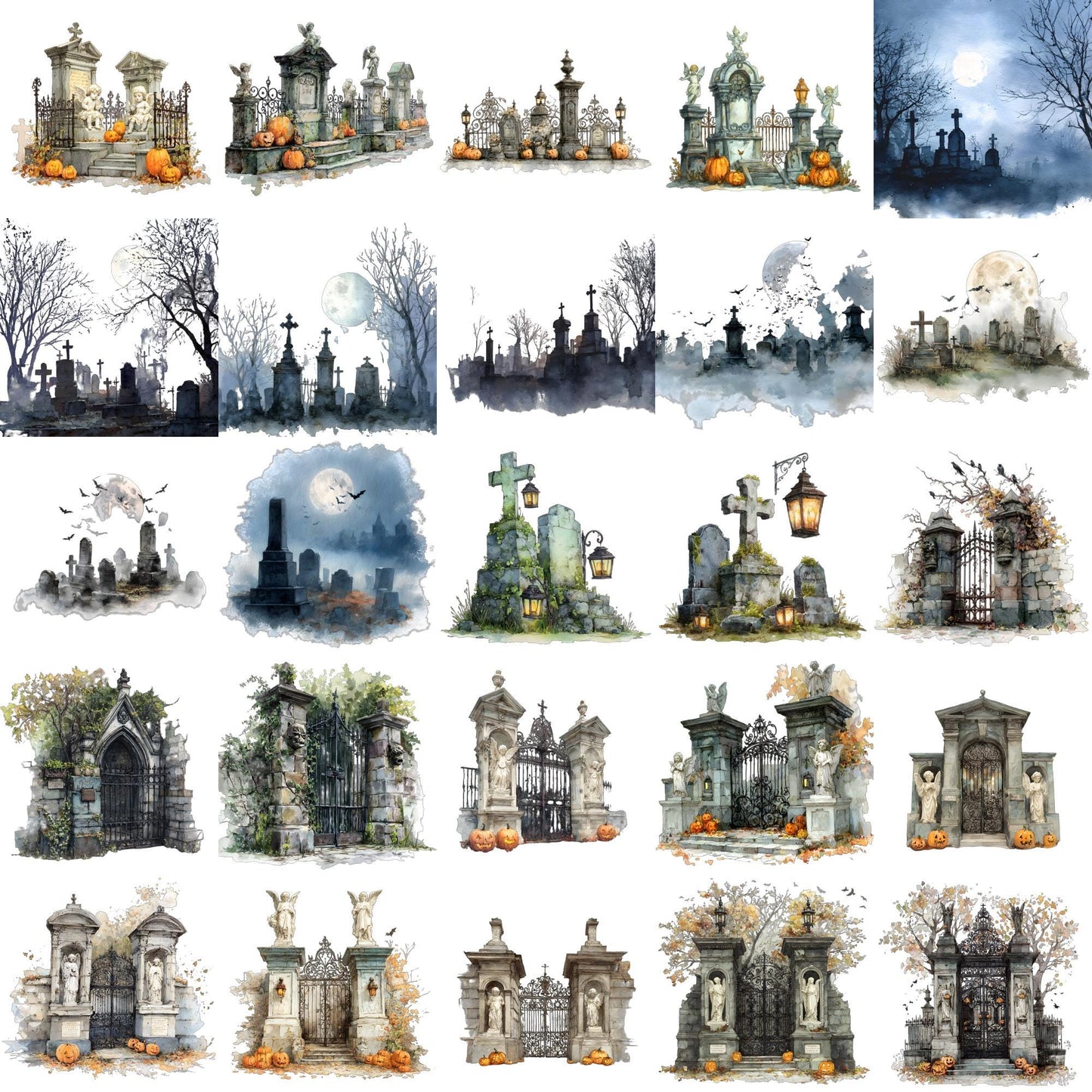 Halloween Watercolor Mega Clipart Bundle – 800+ PNG – Witches, Castles, Ghosts, Pumpkins, Skeletons, Magic Elements and much more – 300 DPI