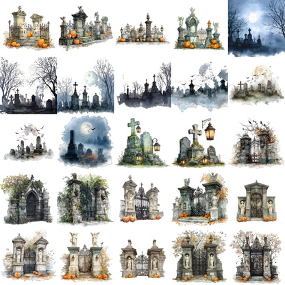 Halloween Watercolor Mega Clipart Bundle – 800+ PNG – Witches, Castles, Ghosts, Pumpkins, Skeletons, Magic Elements and much more – 300 DPI