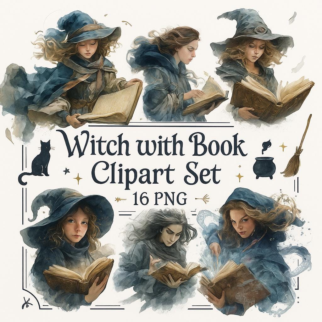 Watercolor Halloween Witch With Book Clipart Bundle: 16 PNG Files (Digital Download)