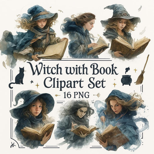 Watercolor Halloween Witch With Book Clipart Bundle: 16 PNG Files (Digital Download)