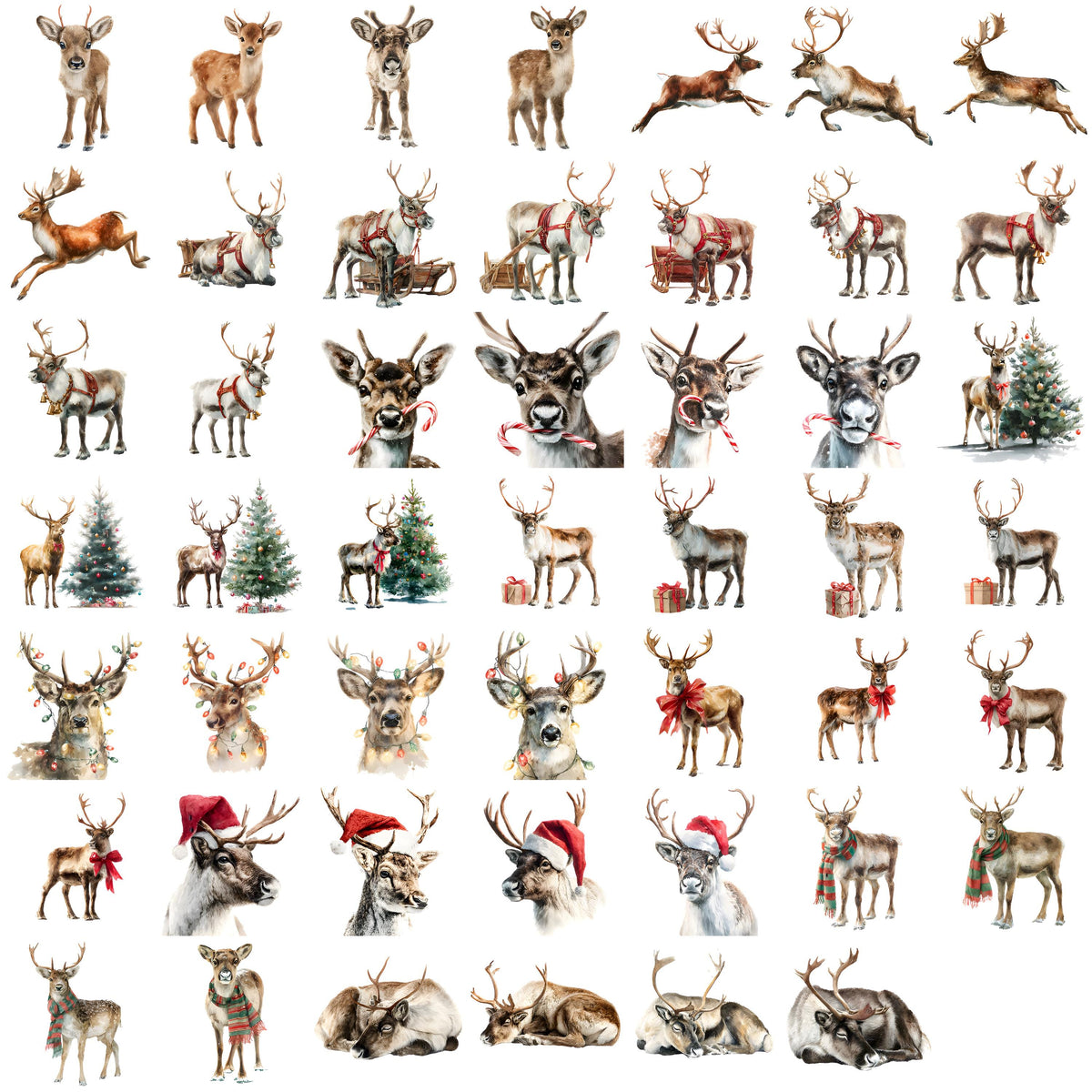 Stickerbogen – Aquarell Weihnachts-Rentier-Clipart-Set: 48 PNG-Designs