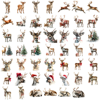 Stickerbogen – Aquarell Weihnachts-Rentier-Clipart-Set: 48 PNG-Designs