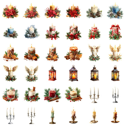 Watercolor Christmas Candles Clipart Set: 36 Holiday PNG Illustrations (Digital Download