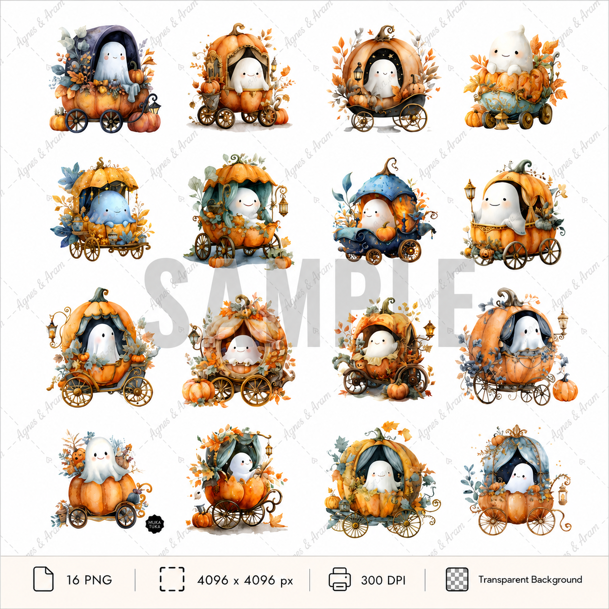 Halloween Ghost In Pumpkin Car Clipart Set: 16 PNG, Transparent Background Clipart (Instant Download)