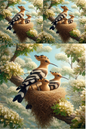 Wall Art Poster / Greeting Card / Sticker Sheet – Hoopoes In A Nest On Acacia Collage Cat. No. 461