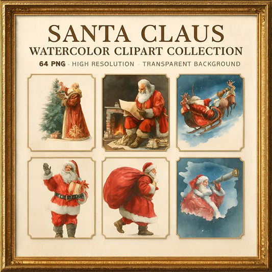 Watercolor Christmas Santa Clipart Set: 64 PNG Designs