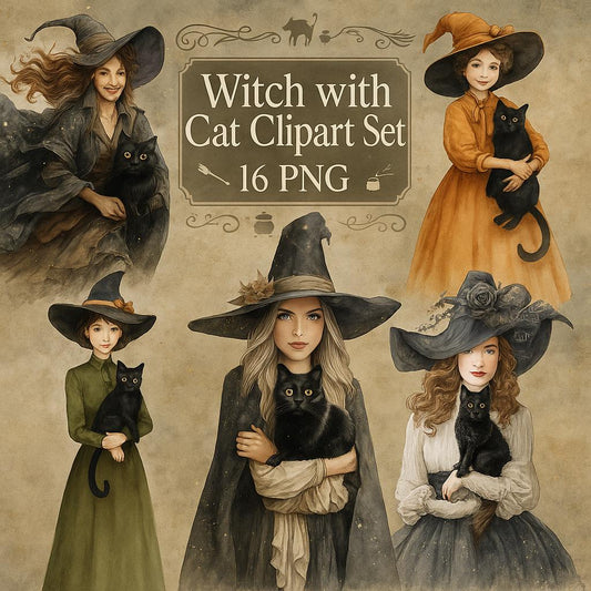 Witch and Cat Watercolor Clipart Set: Halloween PNG Files (Digital Download)