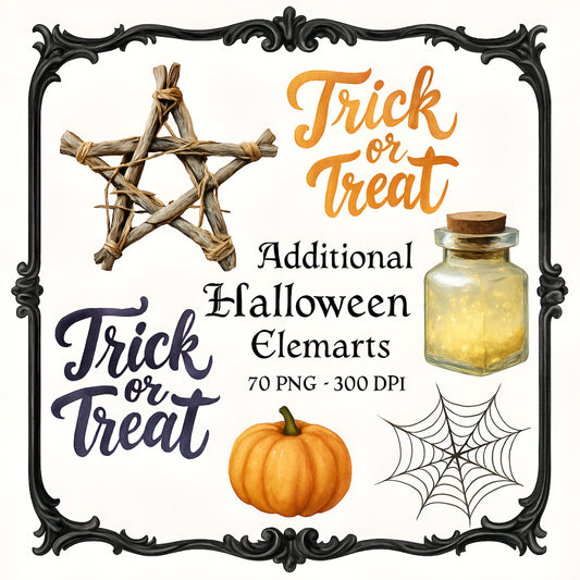 Watercolor Halloween Clipart Bundle: 70 PNG Additional Elements (Digital Download)