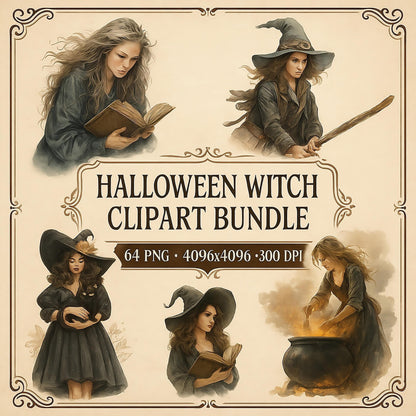Watercolor Witch 64 PNG Clipart Bundle: Halloween PNG Graphics (Digital Download)