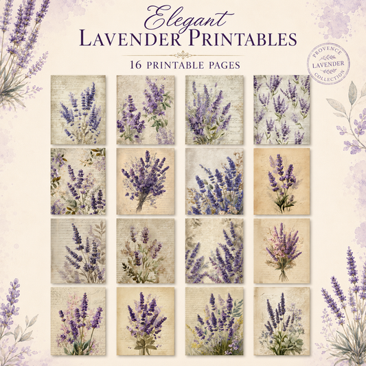 Elegant Lavender Printable Design Sheets – 16 A4 Digital Pages for Crafts (Instant Download)